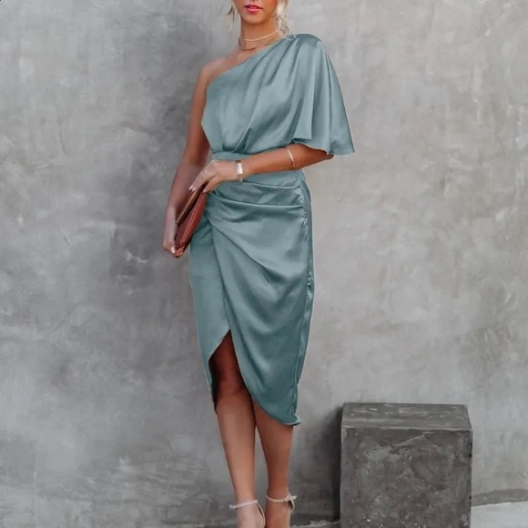 Anrabess NWT Satin Mint green One Shoulder  Bodycon Midi cocktail dress-L - Picture 4 of 12